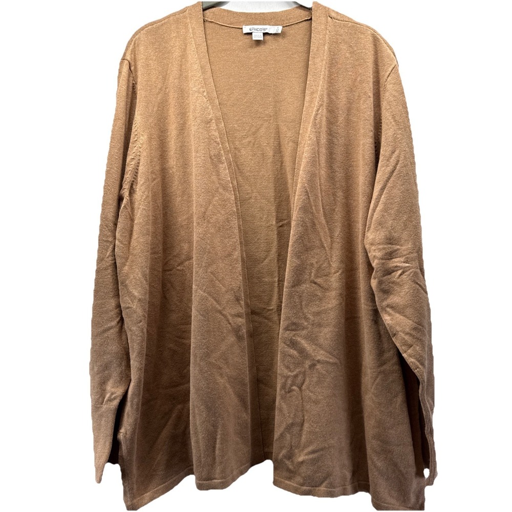 Chicos Womens Sweater Cardigan XXL Solid Tan Brown Long Sleeve Buttons Open Slit